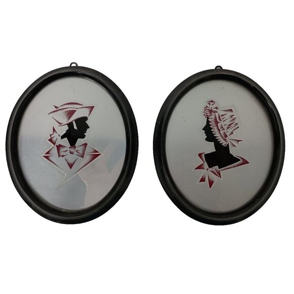 Vintage French Colonial Female Silhouette Mirrored Framed Wall Art Set of Two